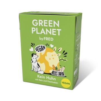 Veganes Hundefutterverpackung von Green Planet by FRED, mit einem Cartoon-Hund, mit dem Text "Kein Huhn mit Reis und Pastinaken" und "VEGAN."