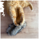 Orange getigerte Katze spielt mit einem grauen, pelzigen Spielzeug auf einem Holzboden.