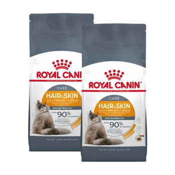Zwei Taschen Royal Canin Hair & Skin Katzenfutter, mit einer Katze auf der Vorderseite, mit Text, der die Unterstützung für gesunde Haut und glänzendes Fell hervorhebt.