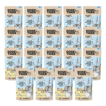 Eine Anzeige von DOGS'n TIGER Haustierfutterpackungen, die eine Katze auf der Verpackung zeigt, beschriftet mit "Schlemmer Menü" und "Fleischige Leckereien."