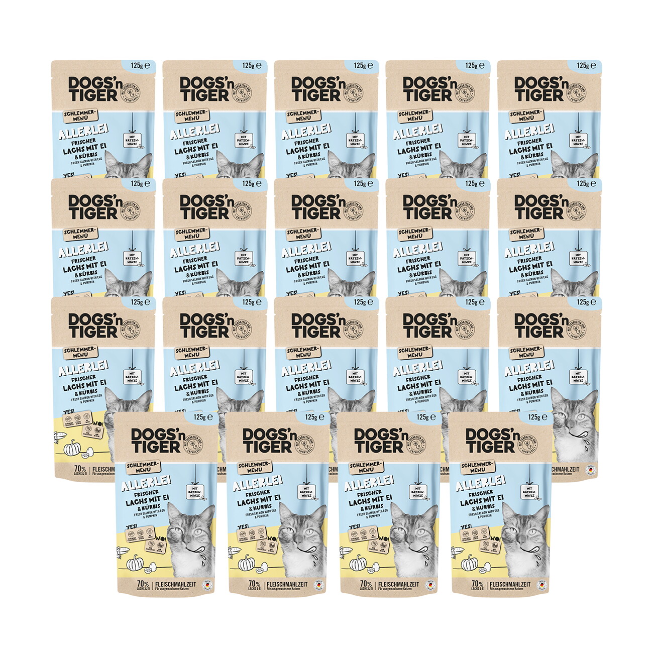 Dogs'n Tiger Adult Nassfutter Katze, Allerlei, Lachs, Ei & Kürbis, 24x 125g