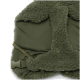 Nahaufnahme einer olivgrünen, mit Sherpa gefütterten Haustierweste mit seitlicher Kunststoffschnalle und elastischem Riemen.
