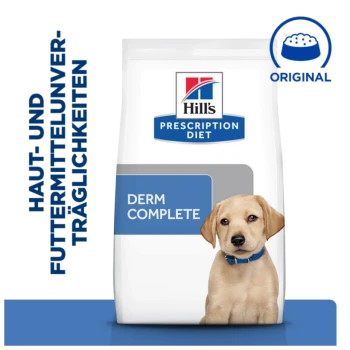 Hill's Prescription Diet Derm Complete Hundefutterbeutel, mit einem beigen Hund mit blauem Halsband, mit Text auf Deutsch über Haut- und Nahrungsmittelunverträglichkeiten.