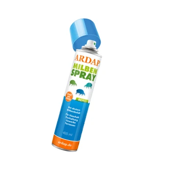 ARDAP Milben Spraybehälter, 400 ml, mit grünen und blauen Milbengrafiken, fördert eine schnelle und effektive Bekämpfung von Milbenbefall.
