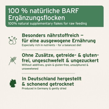 Natürliche BARF Ergänzungsflocken, nährstoffreich, ohne Zusätze, getreide- und glutenfrei, in Deutschland hergestellt.