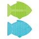 Zwei fischförmige Futtermatten für Haustiere in Grün und Blau, beschriftet mit "LickMat" und "casper" (grün) sowie "LickMat" und "felix" (blau).