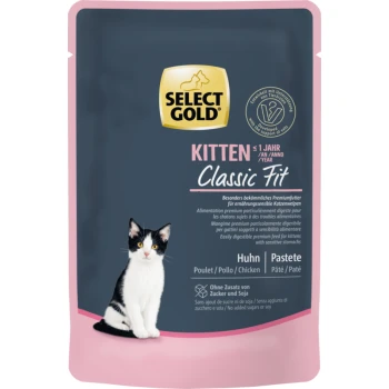Select Gold Kitten Classic Fit Katzenfutterbeutel mit einem schwarz-weißen Kätzchen auf der Vorderseite, beschriftet mit "Huhn" und "Pastete".