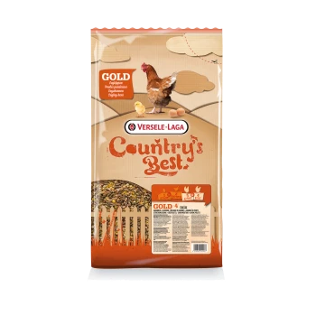 Un sac de nourriture pour poules Versele-Laga Country's Best GOLD avec une poule, un poussin et des œufs, étiqueté pour les poules pondeuses et le mélange de grains.