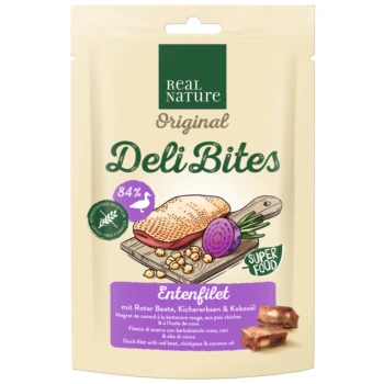 Packaged pet treat featuring "Real Nature Original Deli Bites" with 84% duck fillet, red beet, chickpeas, and coconut oil.