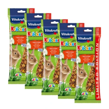 Kräcker Zwergkaninchen 5x2er Apfel und Dinkel Vier Pakete Vitakraft Kräcker für Kaninchen, mit Apfel- und Dinkelgeschmack, mit einer limitierten Edition auf der rechten Seite.