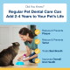 Woman giving dental supplement to long-haired cat by blue bowl; header reads "Regular pet dental care can add 2–4 years"
