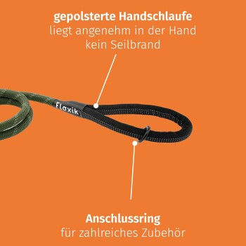 Eine grüne Hundeleine mit gepolstertem Griff und Verbindungshaken, beschriftet mit 'Floxik', auf einem orangefarbenen Hintergrund. Der Text hebt Komfort und Vielseitigkeit hervor.