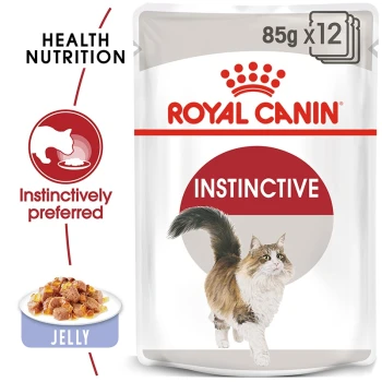 Royal Canin Instinctive cat food pouch, featuring a cat illustration, with text indicating "Health Nutrition" and "Instinctively preferred."