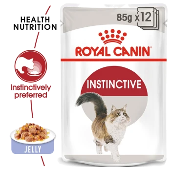 Royal Canin Instinctive cat food pouch, featuring a cat illustration, with text indicating "Health Nutrition" and "Instinctively preferred."