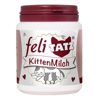 Behälter mit Feli Tatz Kittenmilch, mit einer verspielten Katzengrafik und dem Text "KittenMilch" auf einem weißen und kastanienbraunen Hintergrund.