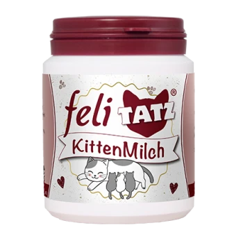 Behälter mit Feli Tatz Kittenmilch, mit einer verspielten Katzengrafik und dem Text "KittenMilch" auf einem weißen und kastanienbraunen Hintergrund.