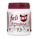 Behälter mit Feli Tatz Kittenmilch, mit einer verspielten Katzengrafik und dem Text "KittenMilch" auf einem weißen und kastanienbraunen Hintergrund.