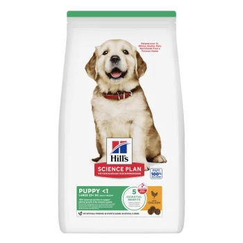 Hill's Science Plan Welpen-Sack mit lächelndem Golden Retriever; sichtbarer Text 'Puppy <1' und 'with chicken'