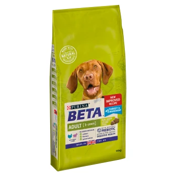 Purina Beta Adult dog food, 14kg bag, featuring a new improved recipe with turkey as the main ingredient and prebiotic for digestive health.