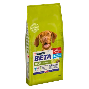 Purina Beta Adult dog food, 14kg bag, featuring a new improved recipe with turkey as the main ingredient and prebiotic for digestive health.