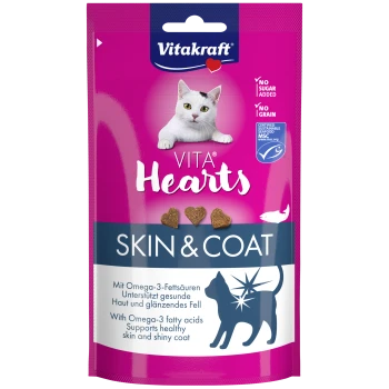Friandises pour chats Vitakraft Vita Hearts Skin & Coat avec Oméga-3, sans sucre, sans céréales, favorisant une peau saine et un pelage brillant.