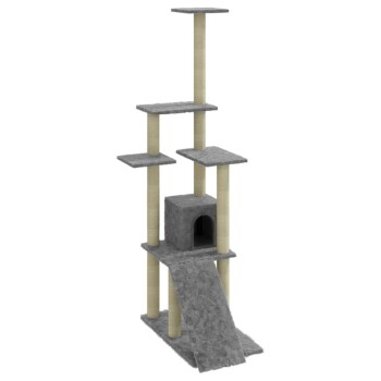 Grauem mehrstöckigen Katzenbaum mit Kratzpfosten, Plattformen und einem gemütlichen Versteck an der Basis.