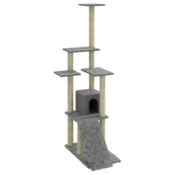 Kratzbaum grau Grauem mehrstöckigen Katzenbaum mit Kratzpfosten, Plattformen und einem gemütlichen Versteck an der Basis.