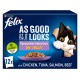 A box of Felix cat food with a playful black and white cat peeking through. It offers 12 servings in chicken, tuna, salmon, and beef.