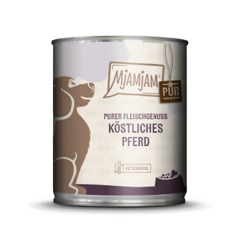 Blik MJAMJAM hondenvoer met opschrift 'Puur vleesgenot – Heerlijk paard' en 'Graanvrij' en illustratie van een bruine hond.