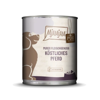 Dose MJAMJAM Hundefutter mit der Aufschrift 'Purer Fleischgenuss – Köstliches Pferd' und 'Getreidefrei', mit Abbildung eines braunen Hundes.