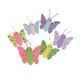 A colorful assortment of plush butterfly toys in various pastel colors, each adorned with shiny spots and large eyes, arranged in a circular pattern.