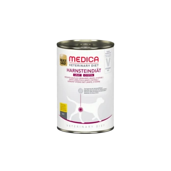 Canned dog food labeled "Medica Veterinary Diet Harnsteindiät" for urinary stone management, featuring a silhouette of a dog and nutritional claims.