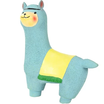 Een schattig blauw lama-speelgoed met een gele zadel en groene afwerking, met een glimlachend gezicht en een gestructureerd lichaam, ideaal voor huisdieren.