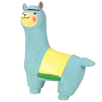Ein niedliches blaues Lama-Spielzeug mit einem gelben Sattel und grünen Akzenten, das ein lächelndes Gesicht und einen strukturierten Körper hat, ideal für Haustiere.
