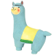 A cute blue llama toy with a yellow saddle and green trim, featuring a smiling face and textured body, ideal for pets.