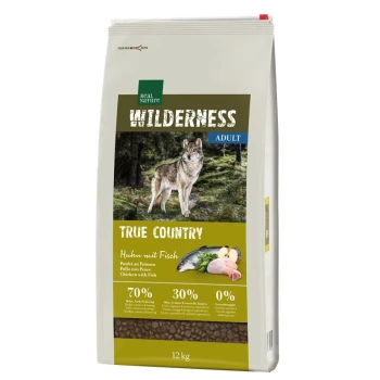 WILDERNESS Trockenfutter Hund, Adult, True Country Huhn mit Fisch 12 kg Hundefutterbeutel "Wilderness Adult True Country" mit einem Wolf im Wald; 70% Fleisch, 30% Früchte/Gemüse, 0% Getreide.