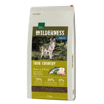 Hundefutterbeutel "Wilderness Adult True Country" mit einem Wolf im Wald; 70% Fleisch, 30% Früchte/Gemüse, 0% Getreide.