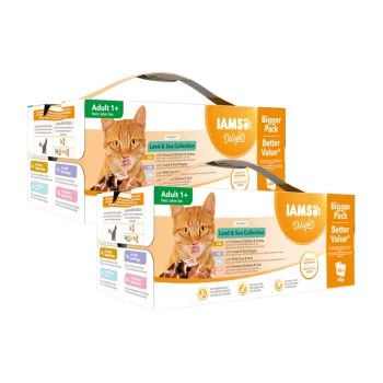 IAMS Delights Katzenfutterbox für Erwachsene, "Land & Sea Collection", mit 48 Beuteln mit Geschmacksrichtungen wie Huhn, Lamm, Thunfisch und Kabeljau.