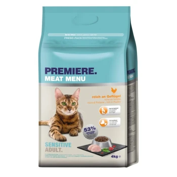 Premiere Meat Menu kattenvoerzak met een tabby kat, 4 kg formaat, gelabeld "Sensitive Adult" met 53% gevogelte-inhoud.