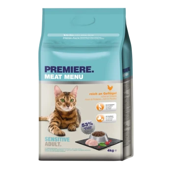 Tüte mit Katzenfutter von Premiere Meat Menu mit einer getigerten Katze, 4 kg Größe, gekennzeichnet mit "Sensitive Adult" und 53% Geflügelanteil.