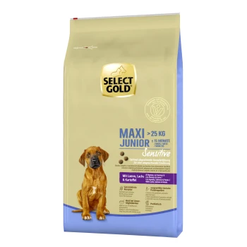 Sensitive Maxi Junior Lamm/Lachs/Kartoffel 12 kg Select Gold Maxi Junior Sensitive Hundefutterbeutel mit einem braunen Welpen, gekennzeichnet für Hunde über 25 kg und bis zu 15 Monate alt.