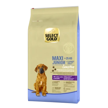 Select Gold Maxi Junior Sensitive dog food bag featuring a brown puppy, labeled for dogs over 25 kg and up to 15 months old.