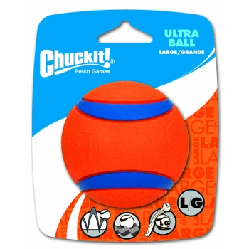 ! Ultra Ball L Helle orange Chuckit! Ultra Ball mit blauen Streifen, gekennzeichnet als "LARGE/GRANDE", auf einem blauen und orangefarbenen Verpackungshintergrund.