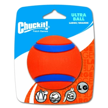 Helle orange Chuckit! Ultra Ball mit blauen Streifen, gekennzeichnet als "LARGE/GRANDE", auf einem blauen und orangefarbenen Verpackungshintergrund.