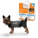 Een kleine hond in een grijze ThunderShirt staat naast kleurrijke verpakking die productvoordelen in verschillende talen benadrukt.