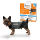 Mały pies w szarej koszulce ThunderShirt stoi obok kolorowego opakowania podkreślającego korzyści produktu w różnych językach.