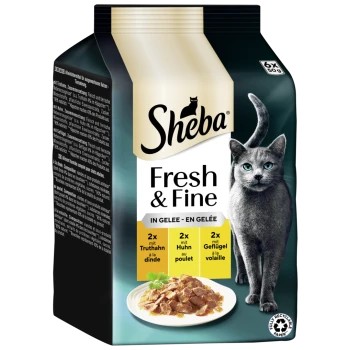 Sheba Fresh & Fine Katzenfutterverpackung mit einem Teller Fleisch in Gelee, mit den Geschmacksrichtungen: Truthahn, Huhn und Geflügel.