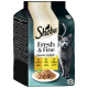 Sheba Fresh & Fine Katzenfutterverpackung mit einem Teller Fleisch in Gelee, mit den Geschmacksrichtungen: Truthahn, Huhn und Geflügel.