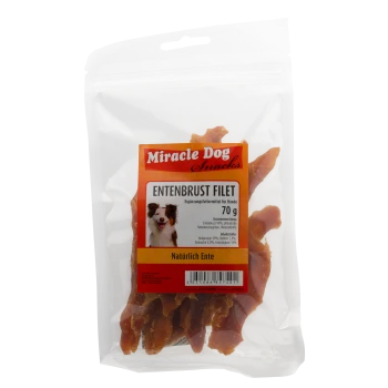Miracle Dog Snacks Entenbrust Filet 70g natürliche Entenbrust-Hundesnacks in transparenter wiederverschließbarer Tüte mit Hundeabbildung.