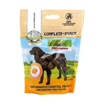 Eine Packung Bellfor Complete Snack für Hunde, mit einer Silhouette eines Hundes und dem Text "100% getreidefreies Rezept" und "Ergänzungsfutter für Hunde."